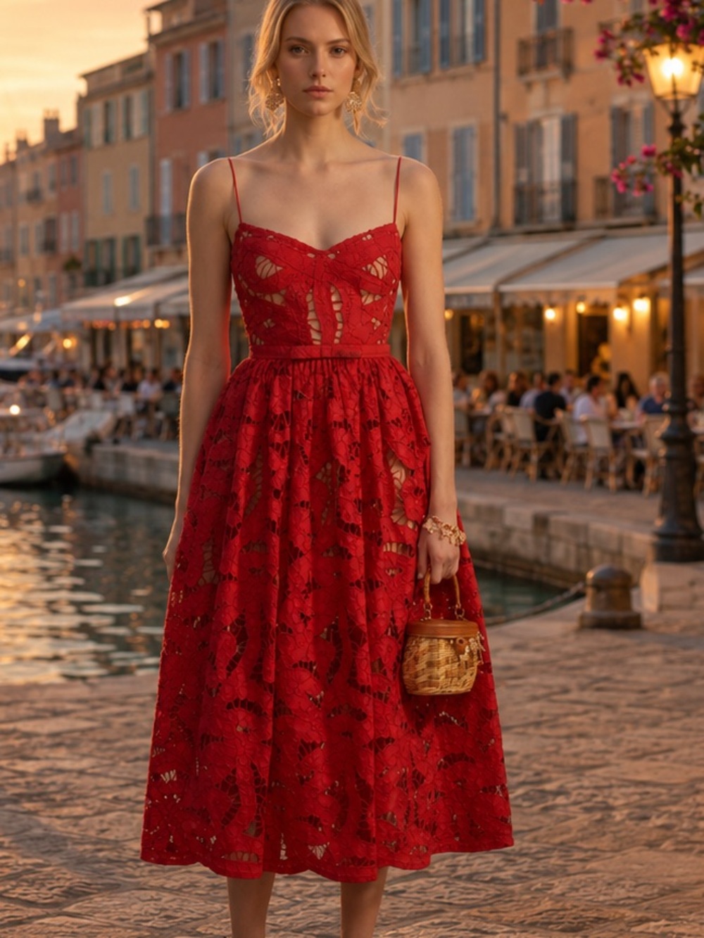 Self-Portrait Red Lace Midi Dress with Spaghetti Straps